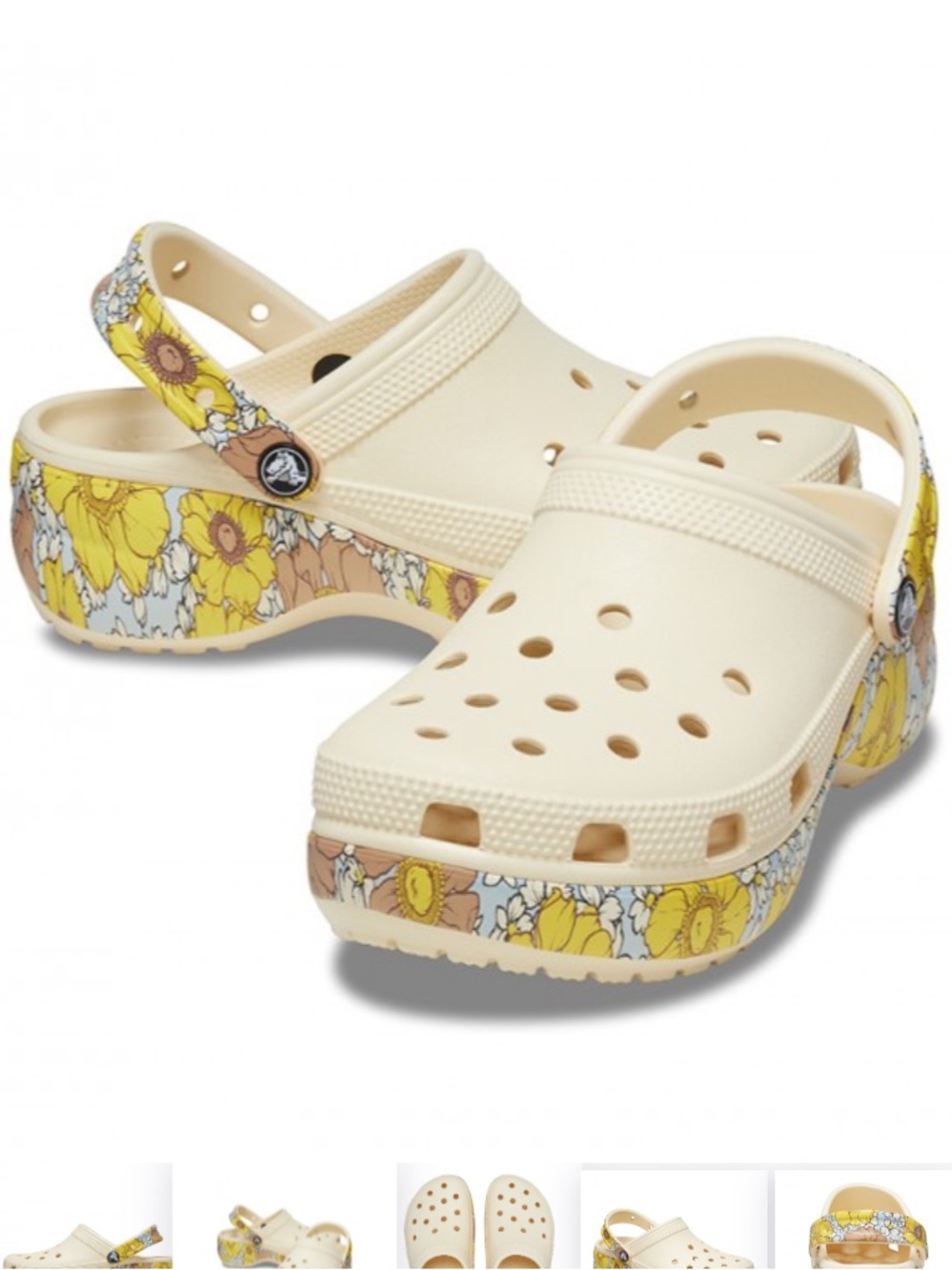 CROCS Cream Platform Clogs with Yellow Floral Print